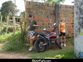 Outdoor latino twink bareback fucking hot white boy gay porn